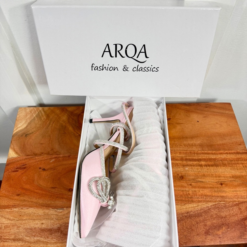 ARQA Pink Satin Rhinestone Bow Pointed Toe Pump Stiletto Heel Ankle Strap 39/8.5